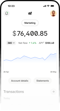 The Wayflyer mobile app showing a $76,400.85 balance, a 30-day net flow chart and account details