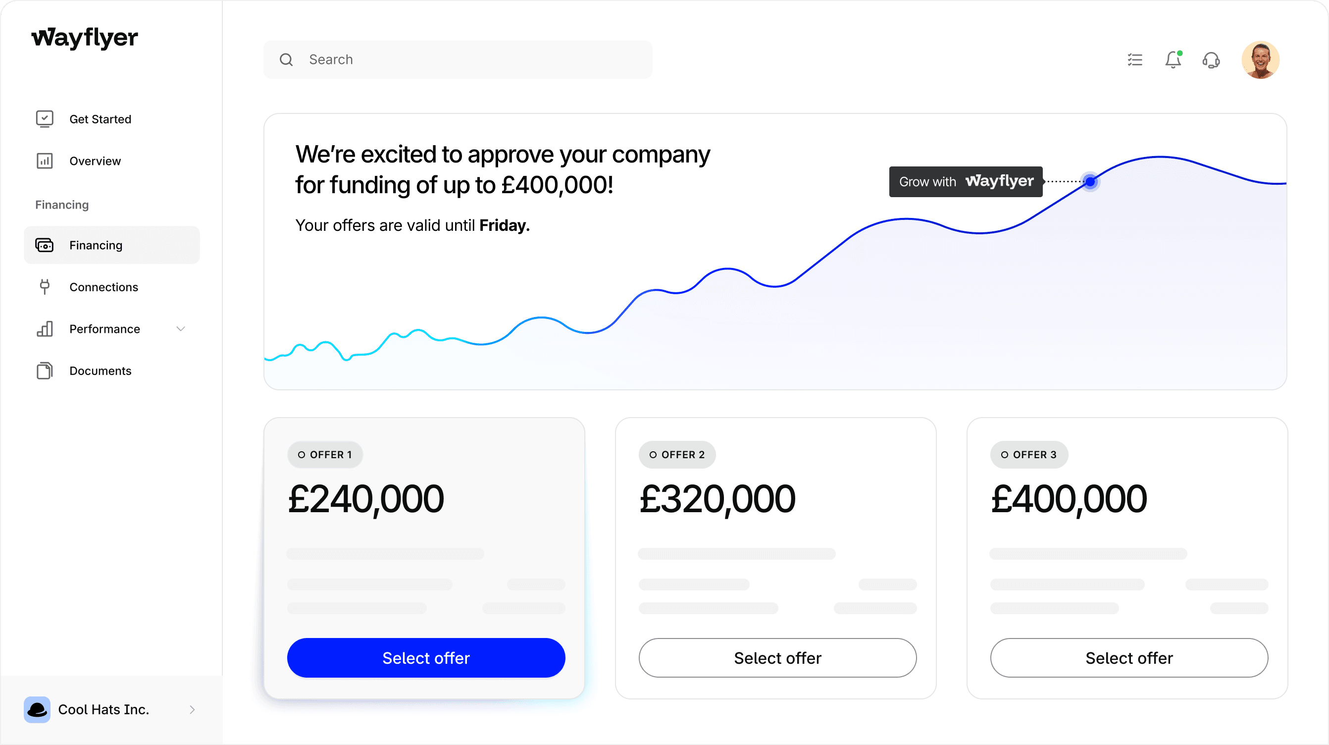 Screen with offers from Wayflyer up to £1,000,000.