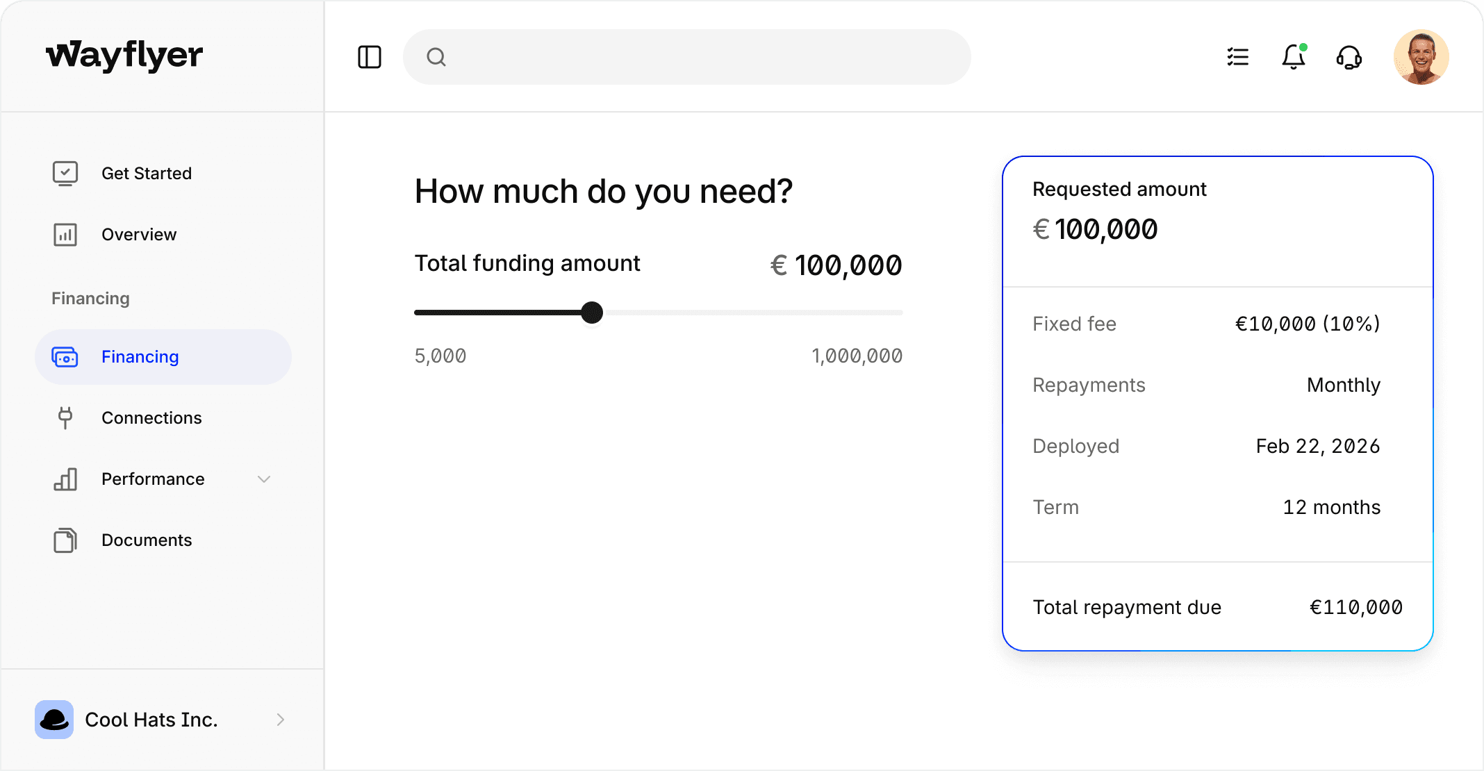 Wayflyer platform dashboard
