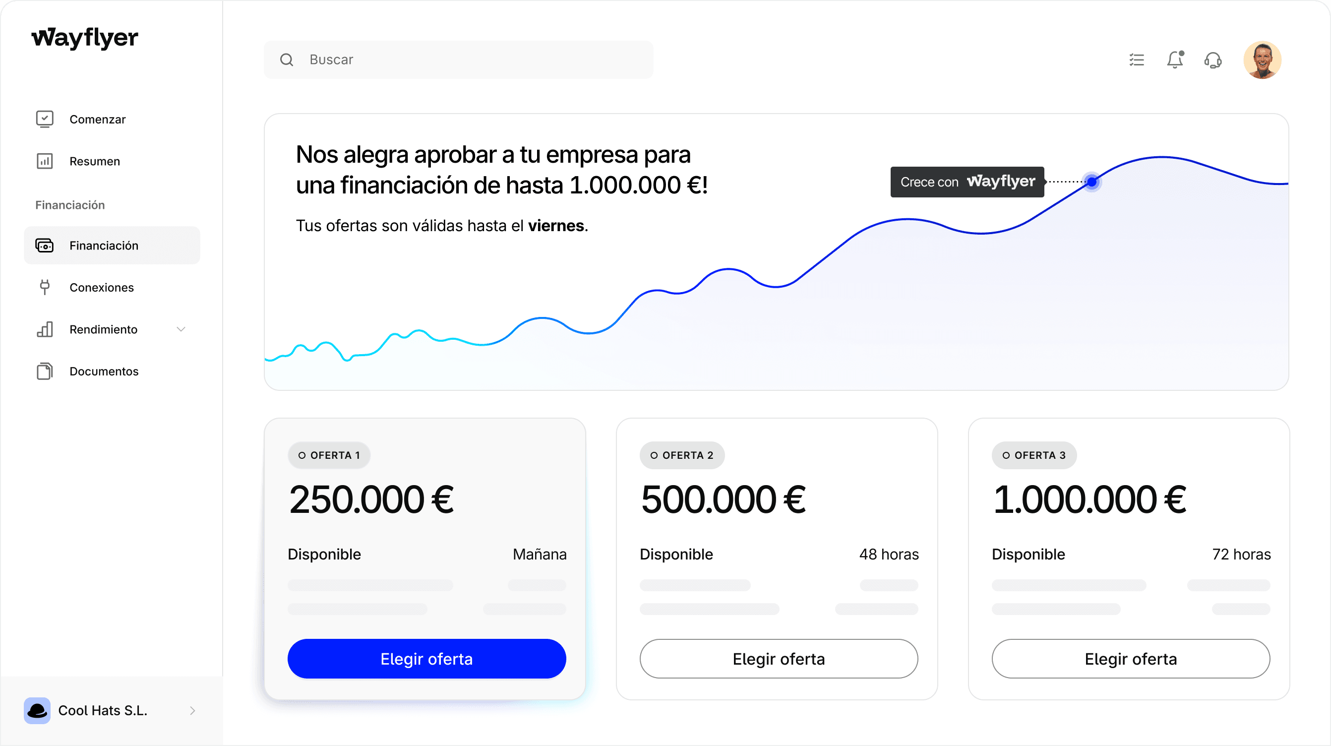 Screen with offers from Wayflyer up to $1,000,000.