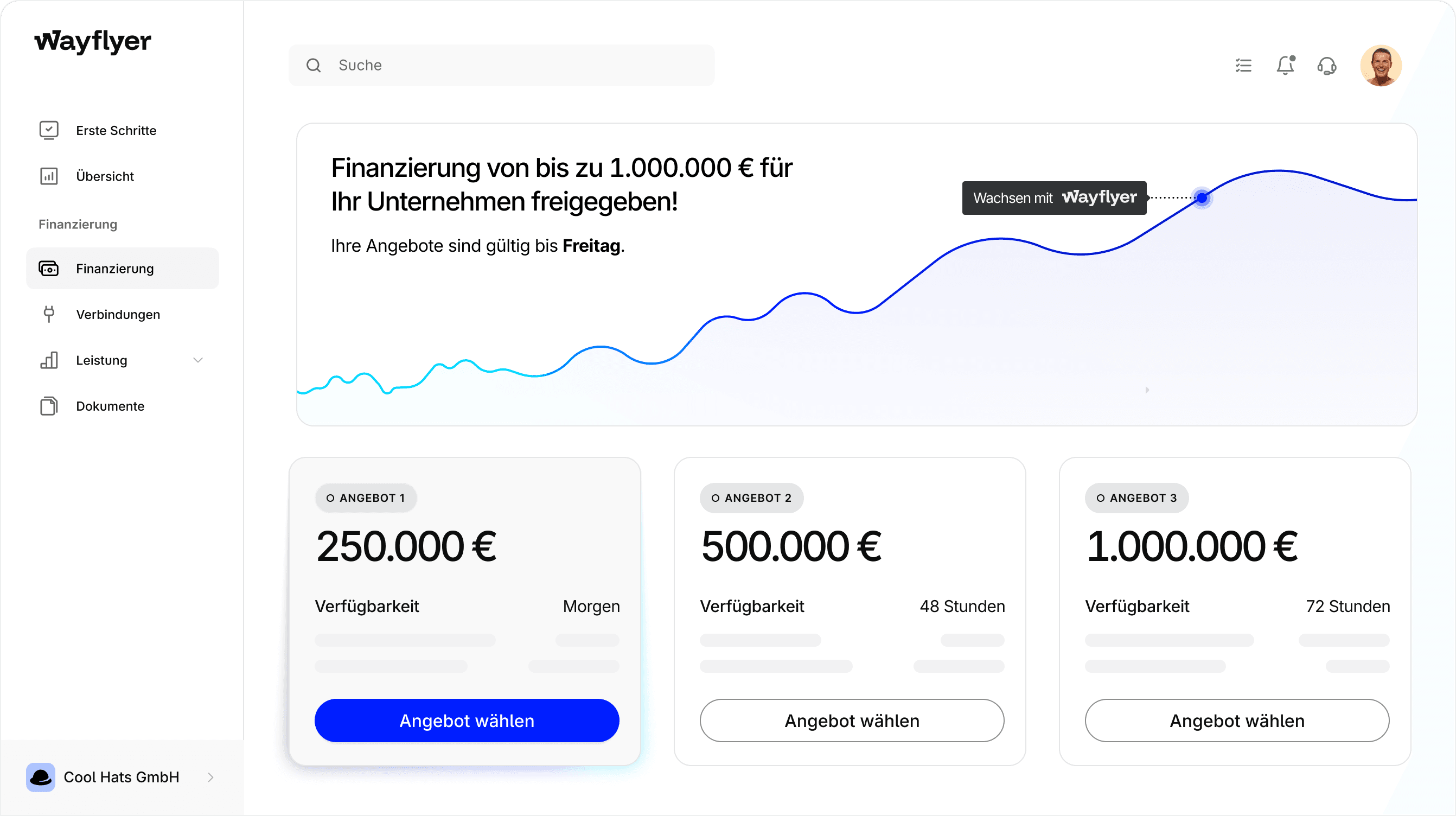 Screen with offers from Wayflyer up to $1,000,000.
