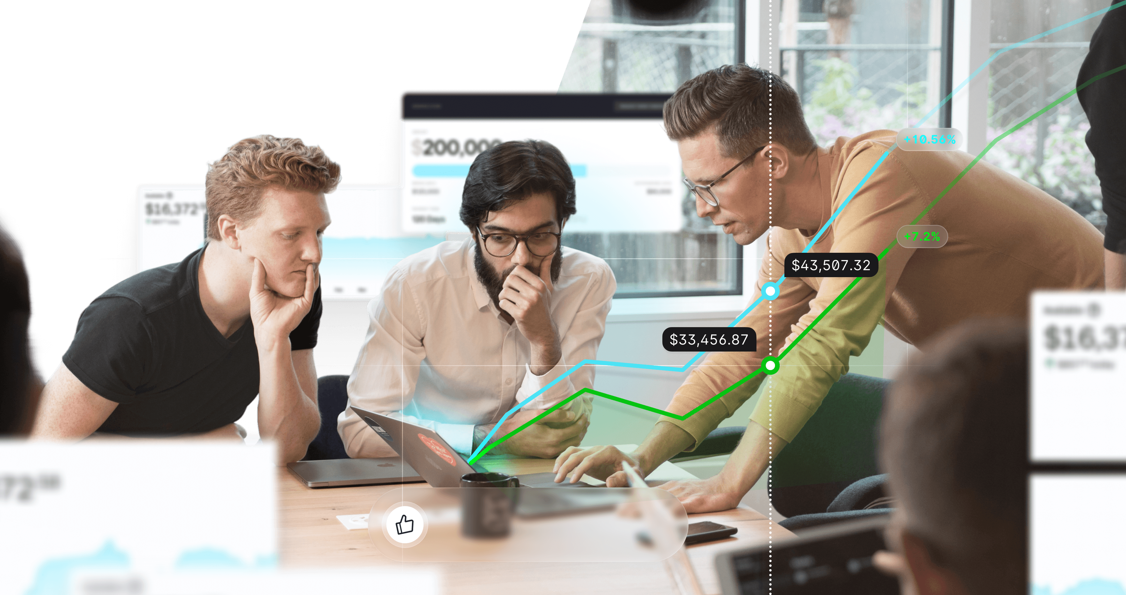 A group of three men intensely analyzing data on a laptop at a desk, overlaid with graphs and numbers, conveying a focused, collaborative work environment.