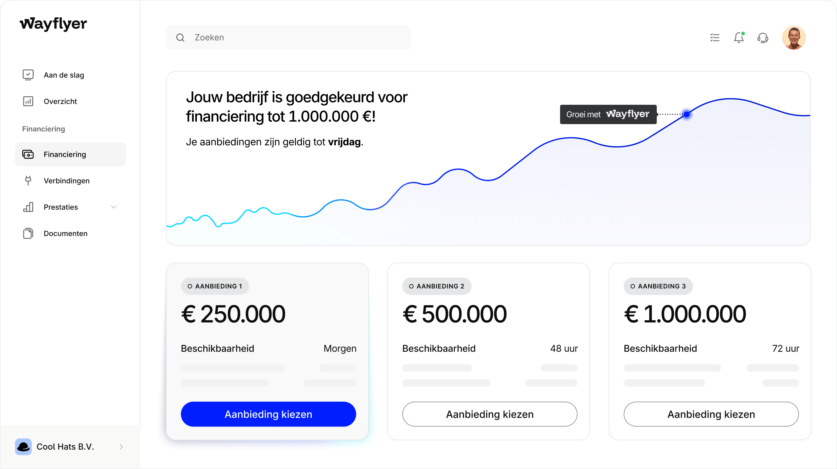 Screen with offers from Wayflyer up to $1,000,000.